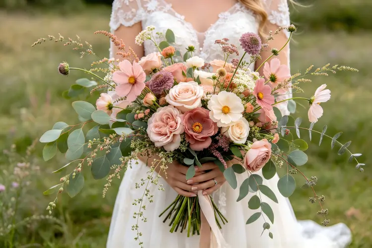 Hand-tied wildflower bridal bouquet with long stems loose meadow styling
