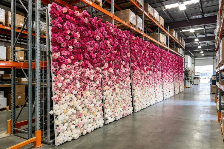 Flower wall rental storage racks with premium panels in warehouse