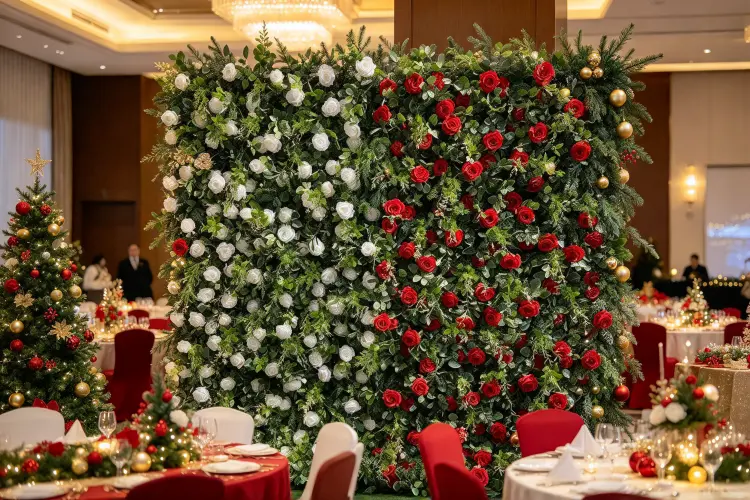 Christmas flower wall rental at festive corporate event with red and white roses