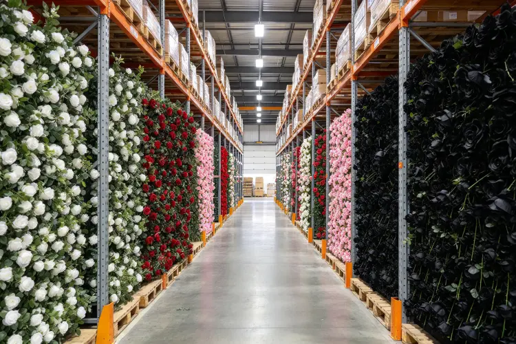 Holiday flower wall rental inventory stored on racks in warehouse