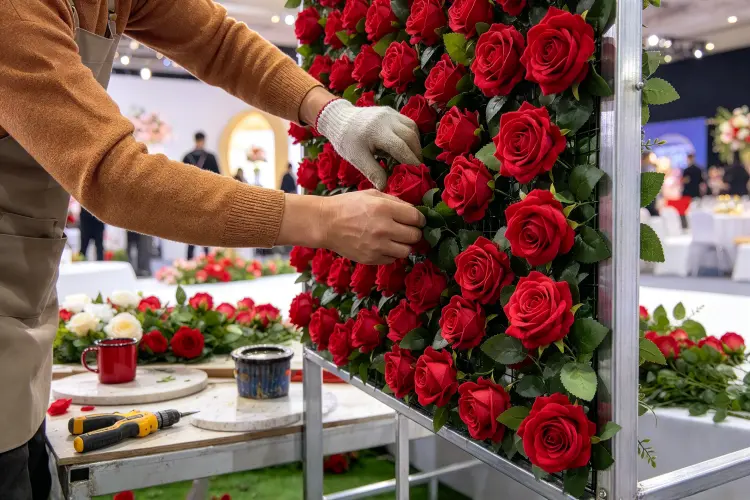 Rental team installing holiday flower wall at event venue