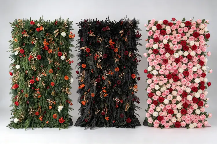 Christmas Halloween and Valentine flower wall rental designs compared side by side