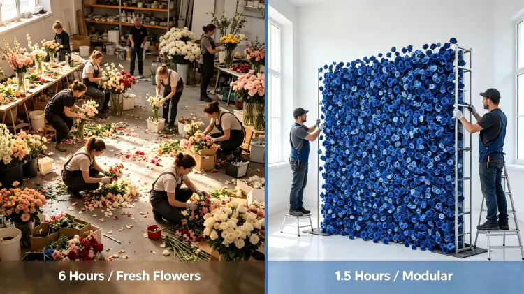 sports event floral setup time comparison modular vs fresh