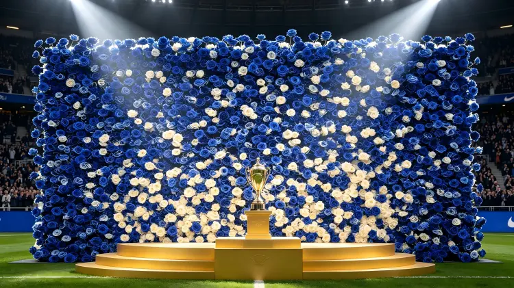 sports award ceremony with artificial flower wall backdrop