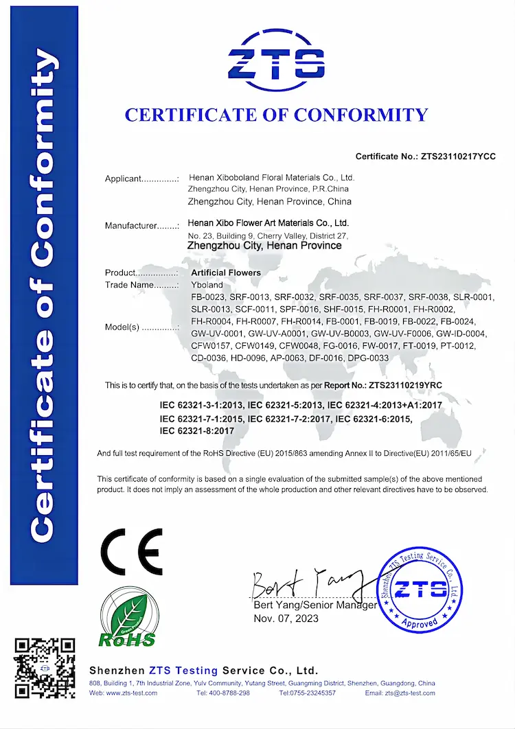 Certificate of Conformity – CE & RoHS Compliance for Artificial Flowers