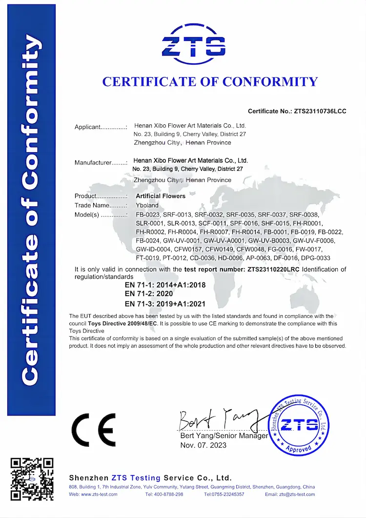 Certificate of Conformity – CE EN71 Toy Safety Certificate for Artificial Flowers